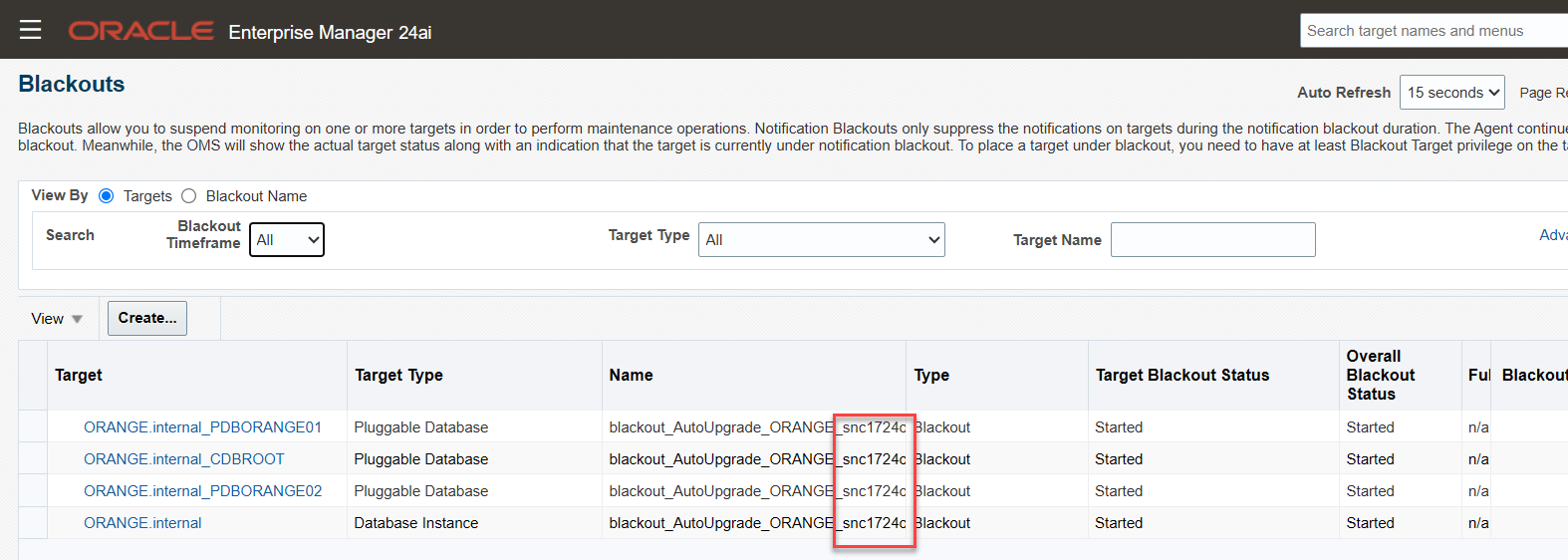 Oracle Enterprise Manager 24ai - Blackout View