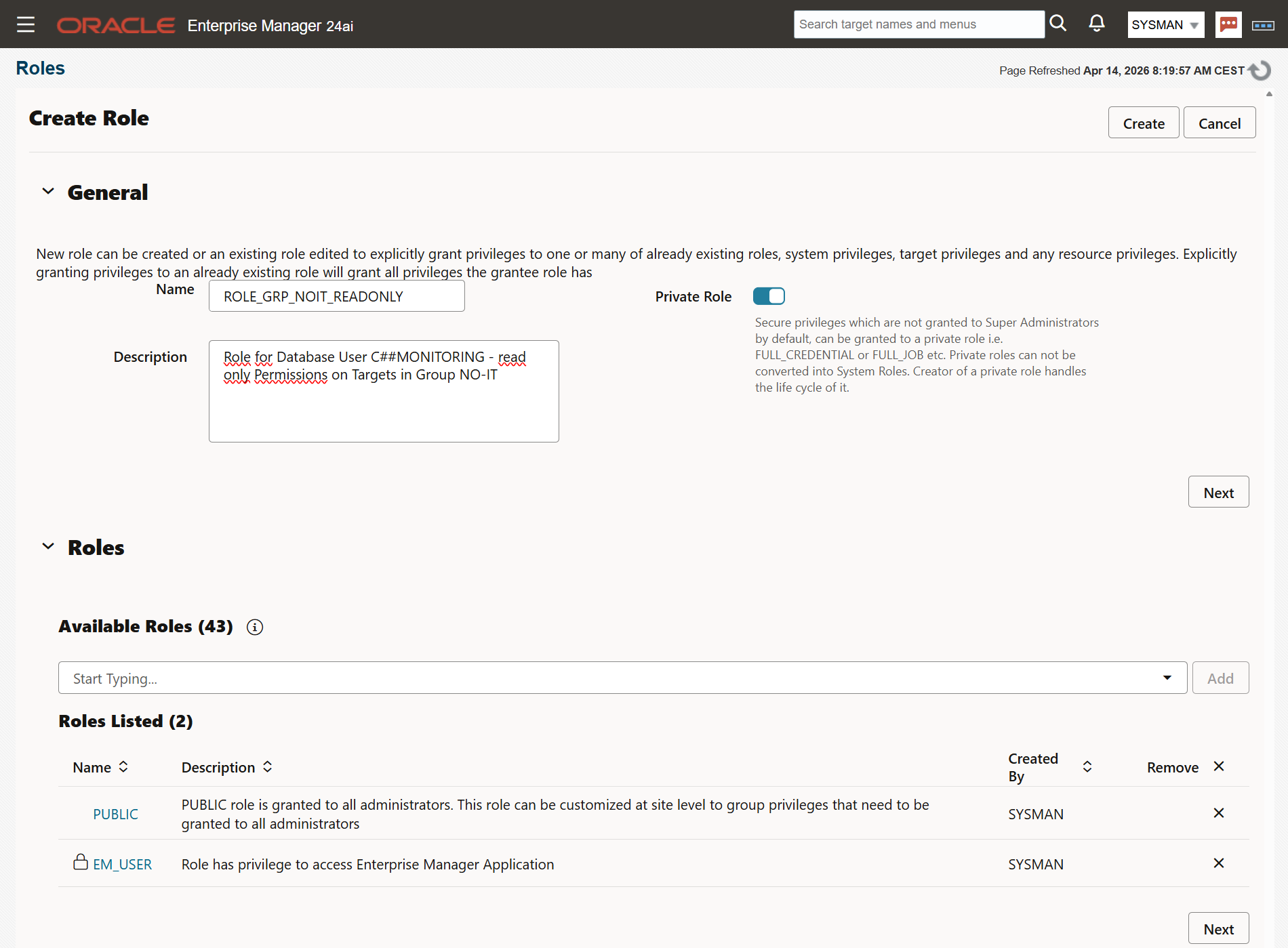EM24ai Read-Only User Create new Role with Private Role enabled