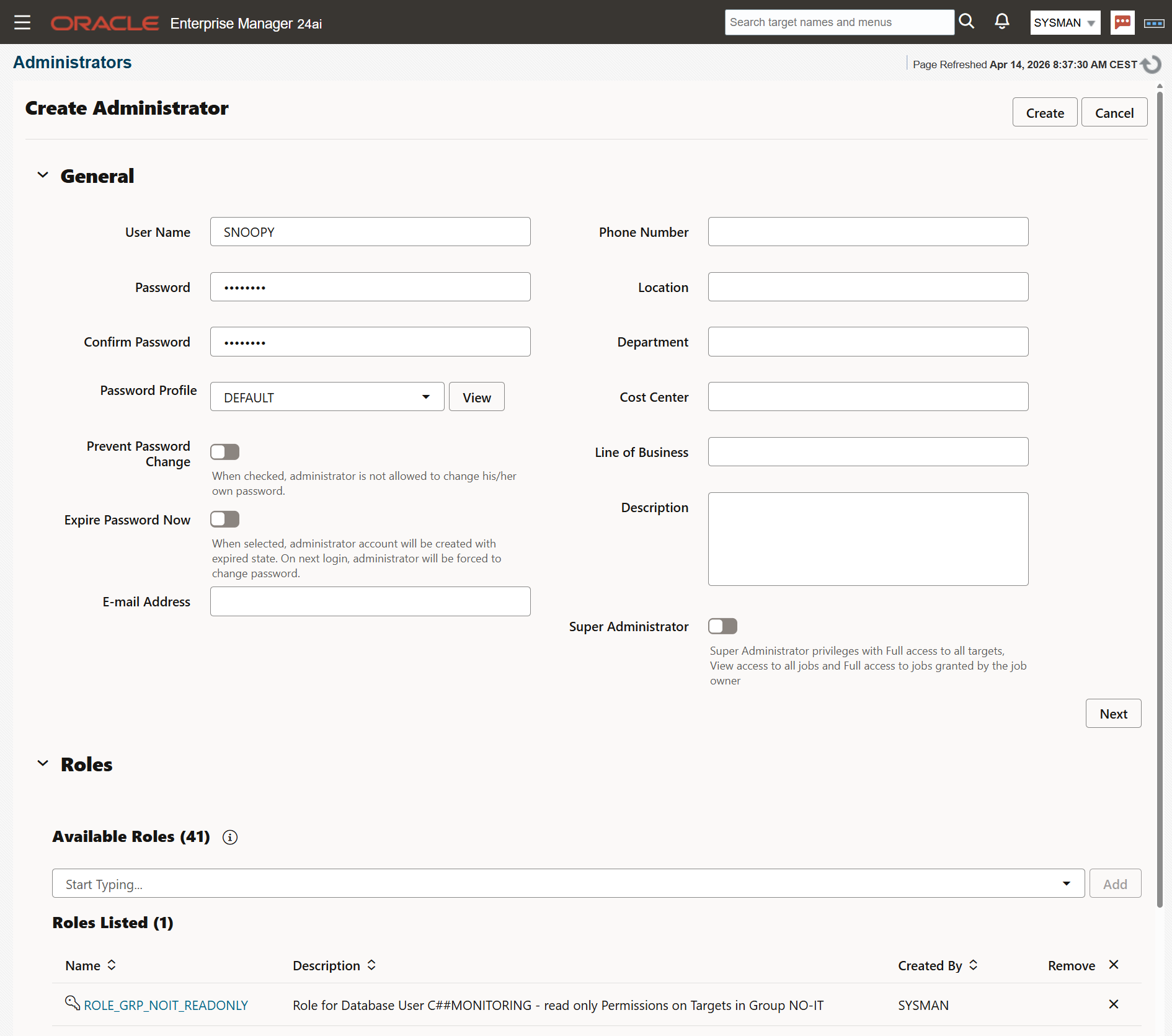 EM24ai Read-Only User Create new User Snoopy and assign Role