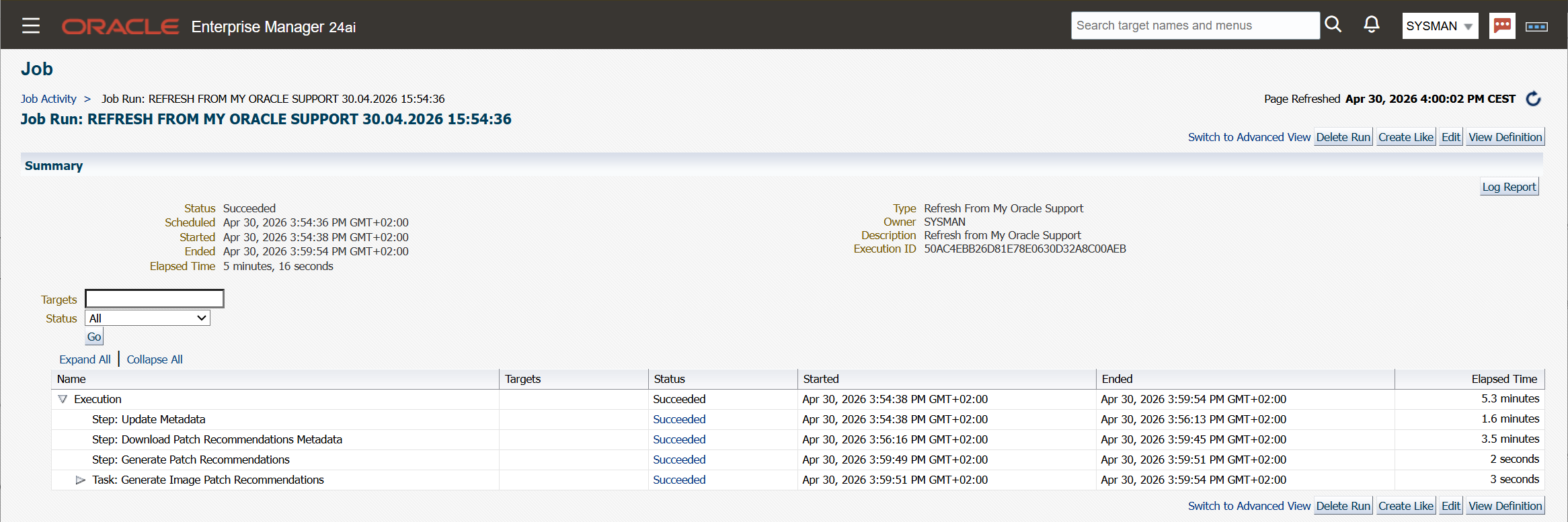 OEM Self Update - Catalog Refresh Job Succeeded