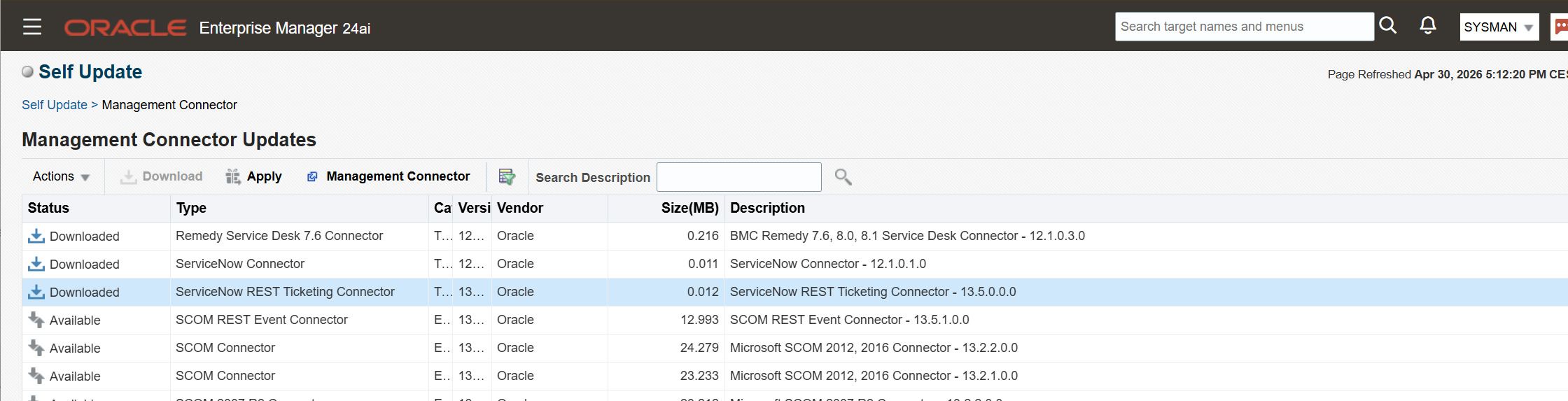 OEM Self Update - Apply ServiceNow REST Ticketing Connector