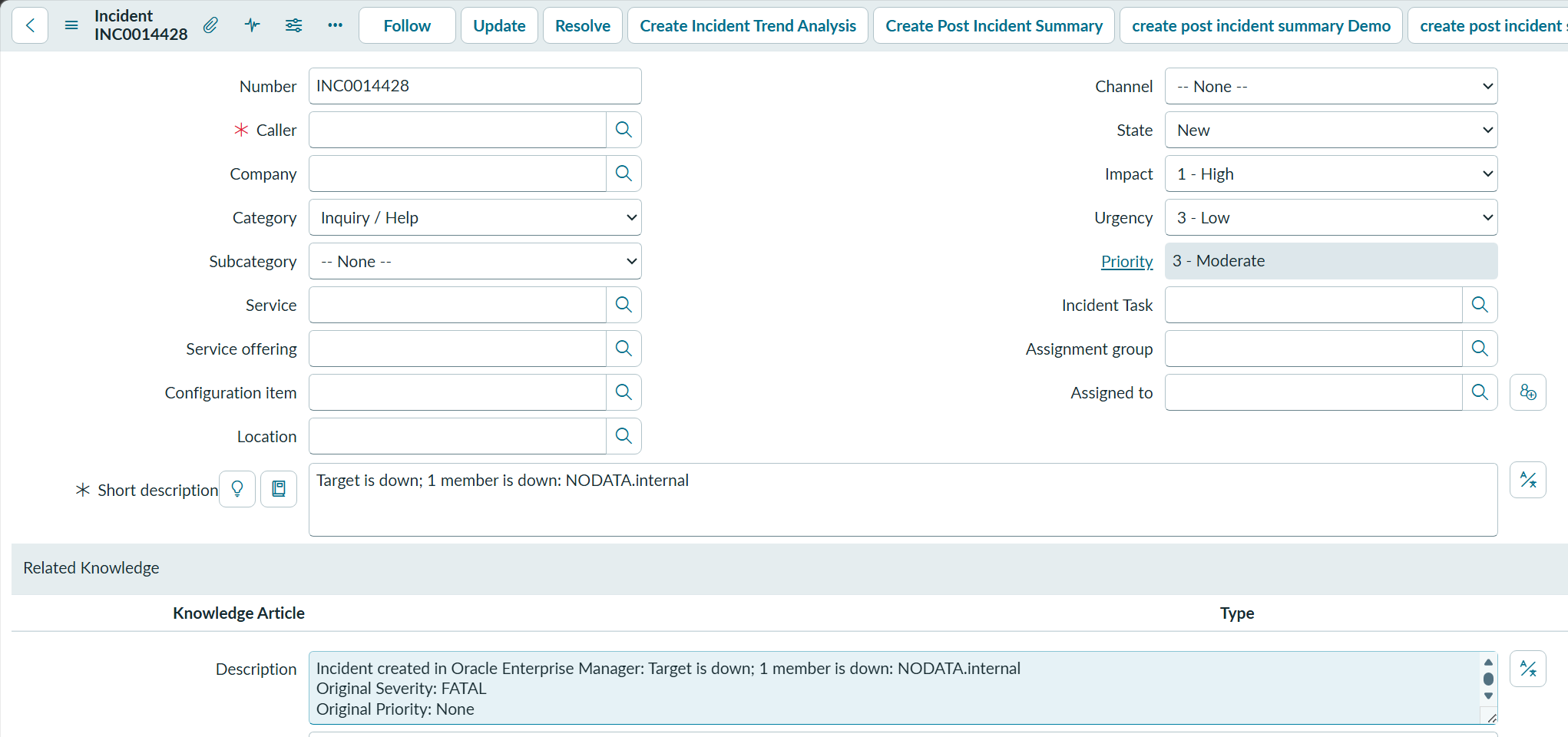 ServiceNow - Incident Opened from OEM Link